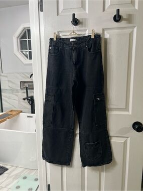Forever 21 Premium Black Denim Cargo Wide Leg Jeans Pants S